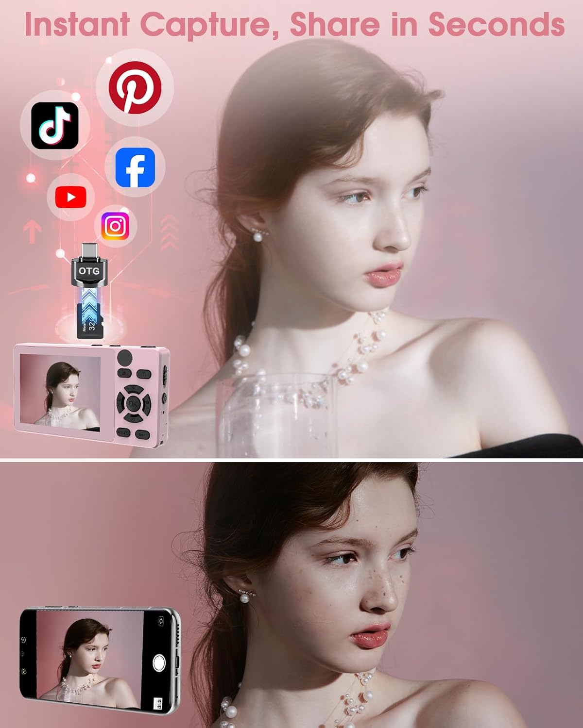 Digital Camera with Front Rear Lens, Autofocus 64MP 4K Camera for Photography with 32GB Card, Portable Compact Point and Shoot Camera for Teens Adult Beginner with Metal Shell, 2000mAh Battery