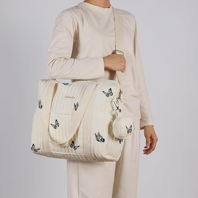 Large Diaper Bag Tote, Maternity Travel diaper tote, Multifunction baby bag, Baby Nappy Bags, Messenger bag (Medium - Beige Butterflies)