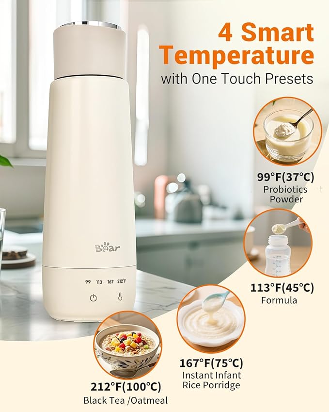 Bear Milk Warmer, Fast Water Warmer for Baby Formula with 10 Oz Large Capacity, Accurate 4 Temp Setting and Automaticlly Keep Warm, Compact Bottle Warmer(No Battery, 110V Only)