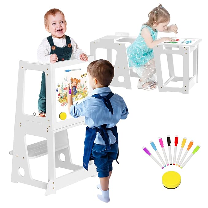 4 in 1 Kitchen Toddler Step Stool, Foldable Learning Toddler Standing Tower with Double-Sided Whiteboard, Wooden Kitchen Stool Helper for Kids 1.5 to 5 Years Old,Bathroom Sink Counter