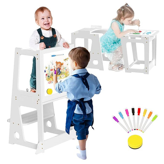 4 in 1 Kitchen Toddler Step Stool, Foldable Learning Toddler Standing Tower with Double-Sided Whiteboard, Wooden Kitchen Stool Helper for Kids 1.5 to 5 Years Old,Bathroom Sink Counter