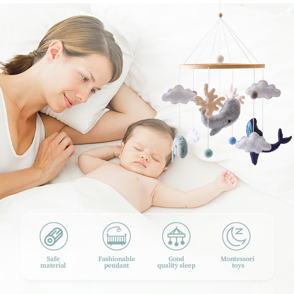 EERKEOD Baby Crib Mobile Ocean Nursery Mobile for Boys Girls Handmade Felt Mobile for Crib Nursery Decor for Infant Bedroom Hanging Baby Mobile for Bassinet Newborn Baby Gift（Whales）