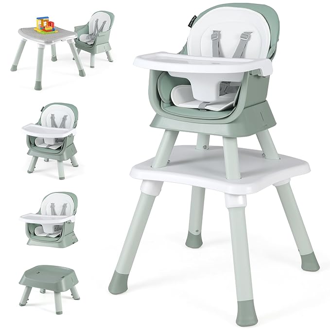 KOTEK Baby High Chair, 8 in 1 Convertible Highchairs for Babies and Toddlers, Building Block Table, Booster Seat, Toddler Chair with Removable Tray, Safety Harness, Dual Cushions (Green)