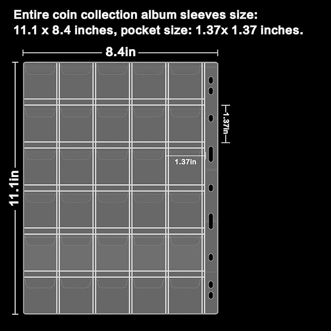 12 Sheets Coin Collection Pages, Pocket Page with 360 Pockets, Coin Binder Inserts Sleeves with Standard 9 Hole for Coin Album. Storage Holder for Currency, Stamp and Other Supplies (30 Pockets)