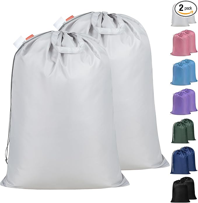 Polecasa Heavy Duty Large Laundry Bag with 130gsm Tear Resistant Fabric and Handles, Easy to Carry Durable Dirty Clothes Drawstring Bag, Perfect for College Dorm, Travel, 2 Pack 28”x36”, Silver