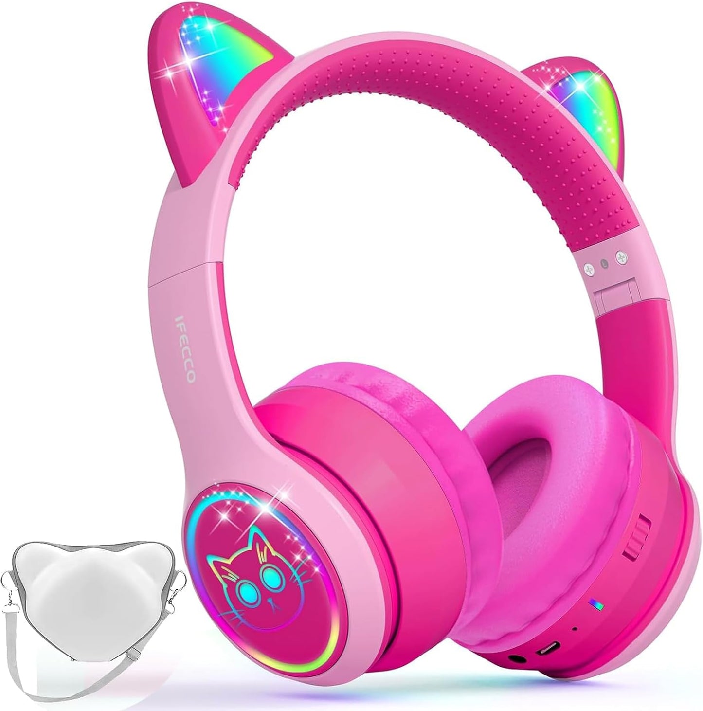 IFECCO Kids Bluetooth Headphones with Microphone,Cute Light Up Cat Ear Children Girls Wireless Headphones Volume-limiting for School Travel Gifts