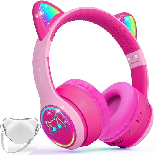 IFECCO Kids Bluetooth Headphones with Microphone,Cute Light Up Cat Ear Children Girls Wireless Headphones Volume-limiting for School Travel Gifts