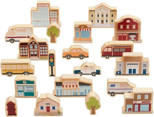 Kaplan Early Learning Community Block Set - 20 Pieces, Wooden Town Building Blocks for Dramatic Play and Storytelling, Includes School, Hospital, Bakery, Vehicles, and More for Toddlers, Ages 2+