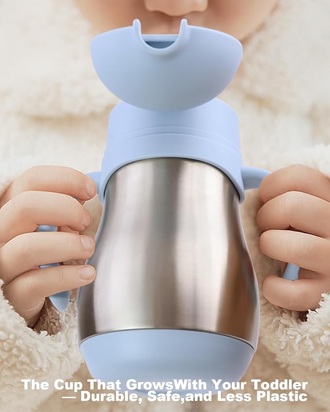 Stainless Steel Straw Sippy Cup for Toddlers 1-3 Years Old, Insulated Toddler Water Bottle Baby Training Tumbler with Handles, 8oz Kids Straw Cups for Travel, Daycare & At Home, Blue