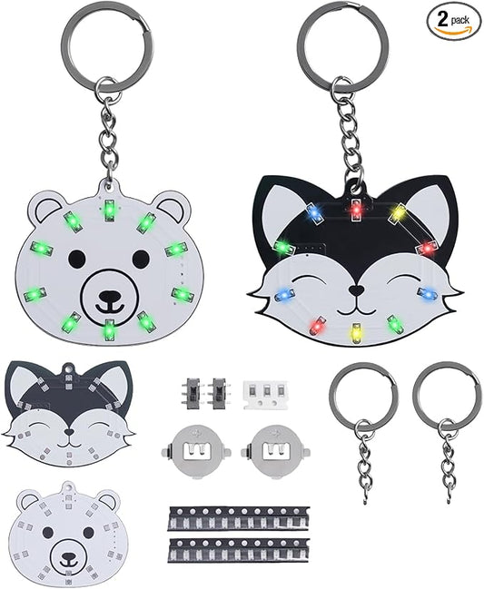 2 PCS Soldering Learning Kit, ICSTATION Fox and Bear Keychain Soldering Project with SMD LED Flashing Lights Cute Halloween Present Soldering Practice Kit for Diyers Student Teaching and Learning