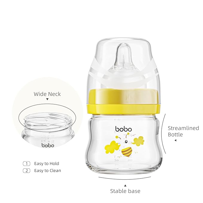 YOHKOH Glass Baby Bottles with Slow Flow Nipple, Newborn Anti-Colic Baby Bottles for 0+ Months, Wide Neck Feeding Bottle, Clear (Yellow, 2.7oz (Pack of 2))