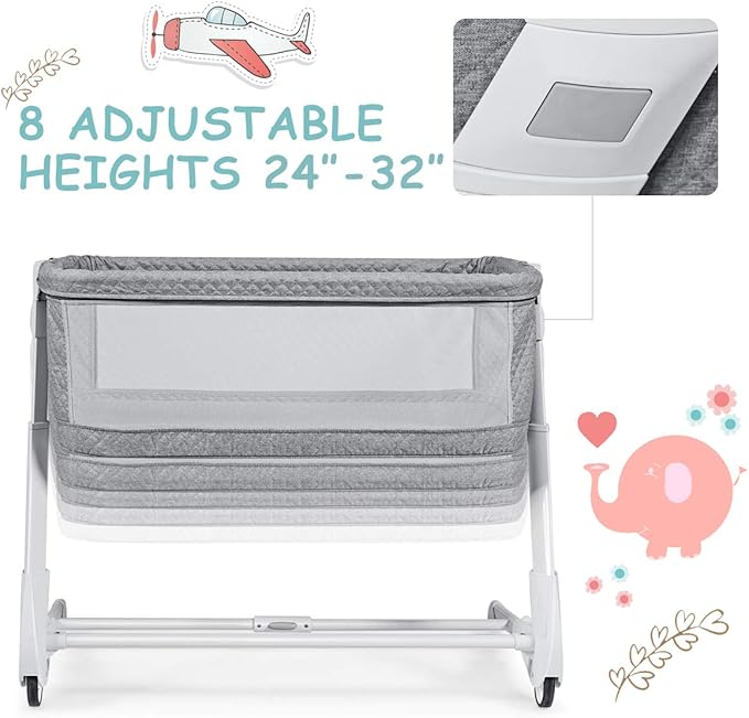 BABY JOY Baby Bassinet, Bedside Sleeper w/Wheels, Mattress & Cover, Straps, Mesh, 100lbs Weight Capacity, 8 Height Adjustable for Bed Sofa, Lightweight Bedside Bassinet for Baby Newborn Infant, Gray