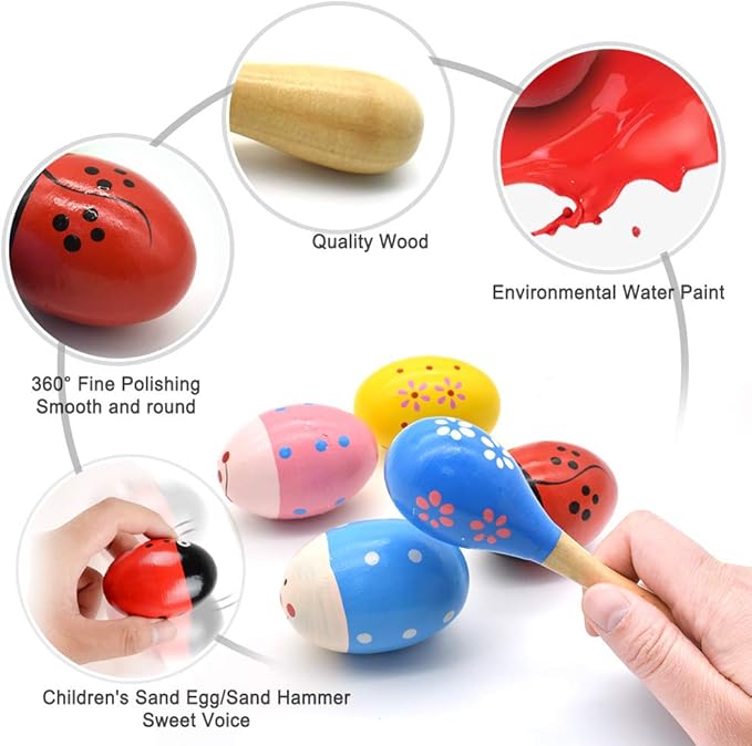 Wooden Easter Eggs Shakers Toys, Maracas Kids Hand Percussion Shakers Percussion Musical for Party Favors Kids Easter Basket Stuffers, 4 Pack Easter Eggs with 2 Shaker Sand Hammer Kit