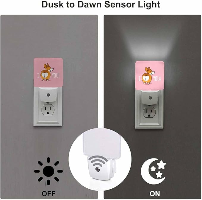 LED Night Light,Cute Smile Welsh Corgi Dog Cartoon LED Night Light Plug into Wall with Dusk to Dawn Light Sensor White Energy Efficient Nightlight for Bedroom Bathroom Hallway Living Room Kitchen
