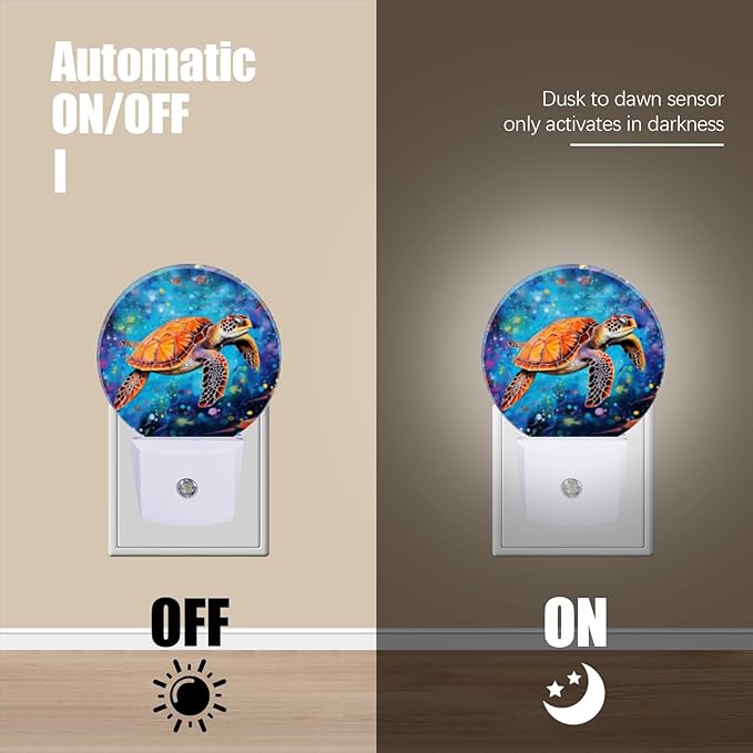 Round LED Night Lights Lamp with Dusk to Dawn Sensor, Orange Sea Turtle Swimming Gracefully Night Light Plug Into Wall for Kids Room, Bedroom, Bathroom, Kitchen, Hallway