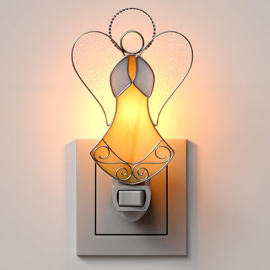 Night Lights Plug into Wall,Stained Glass Yellow Angel Plug in Night Light for Wall Socket Decorative Nightlight for Bedroom Hallway Kitchen Home for Mom Mother`s Day Birthday Christmas Gifts