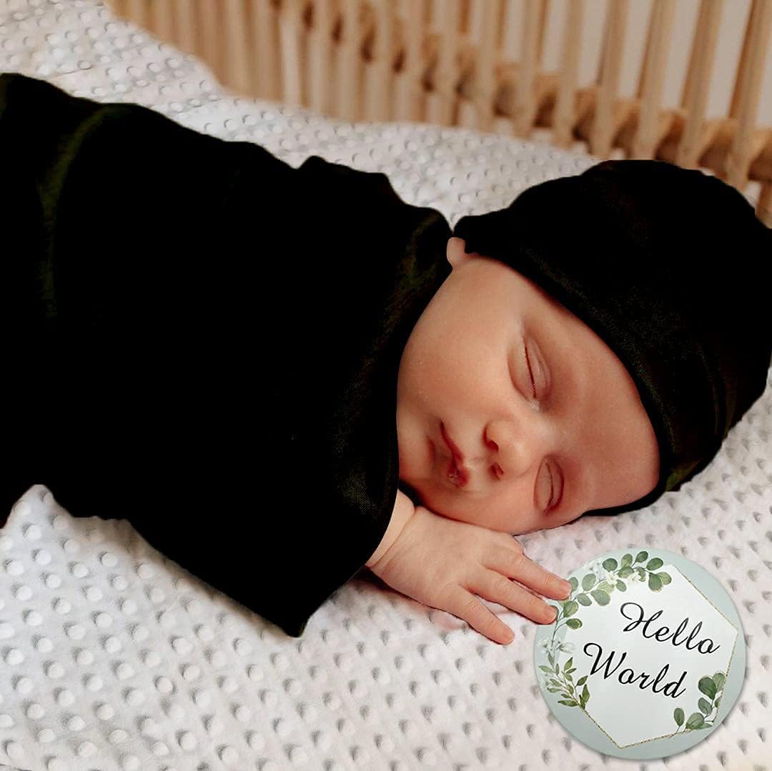 OWLOWLA Swaddle Blanket and Hat Set Newborn Swaddle Wrap Baby Receiving Blanket for Baby Boys Girls(Black)