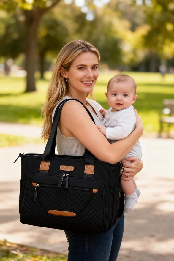 Diaper Tote Bag, 4 in 1 Tote Diaper Bag with 16" Laptop Compartment, Baby Bag with 3 Insulated Pocket for Mam and Dad, Ideal for Travel, Work (Black)