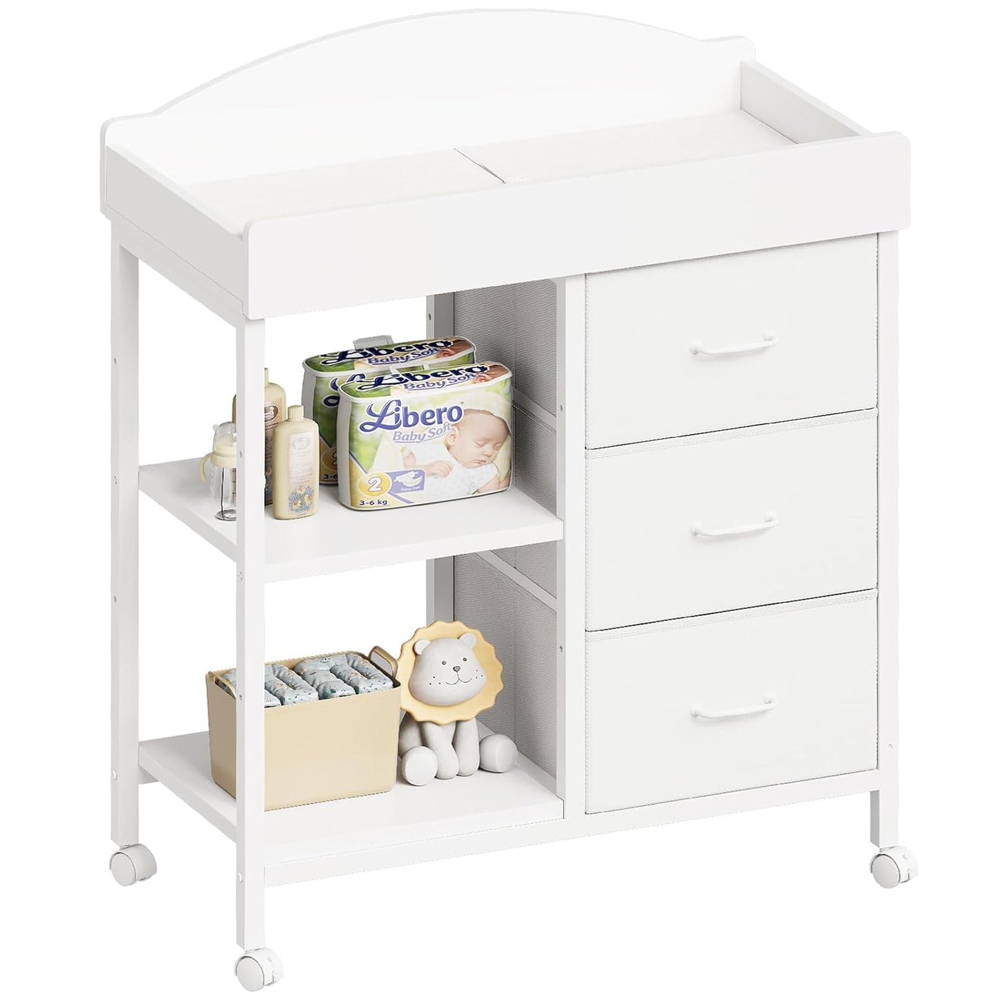 Changing Table Dresser, Baby Dresser with 3 Fabric Drawers and 2 Shelves, Multi-Functional Baby Changing Table with Pad, Classic Nursery Dresser, Diaper Changing Station for Nursery, White