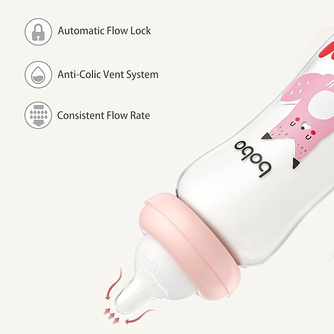 YOHKOH Natural Glass Baby Bottle with Natural Response Nipple, Newborn Anti-Colic Baby Bottles, Wide Neck Mushroom Cap Baby Bottle, Clear (8.8ounce (Pack of 2), Red2)