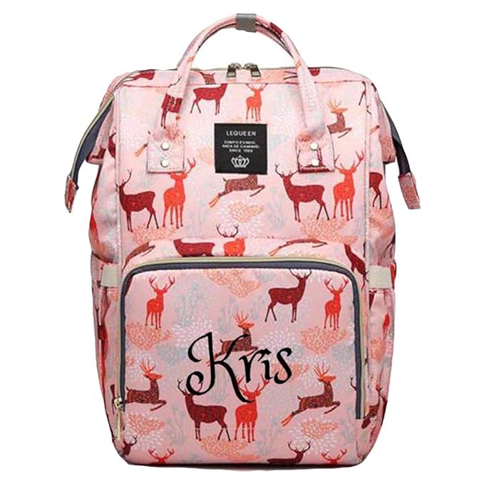 Personalized Large Diaper Bag Knapsack/Tote Bag/Backpack -Custom Monogram Embroidered for Infant/Baby Bag (Pink Deer 2)
