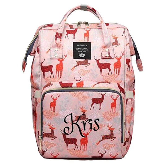 Personalized Large Diaper Bag Knapsack/Tote Bag/Backpack -Custom Monogram Embroidered for Infant/Baby Bag (Pink Deer 2)