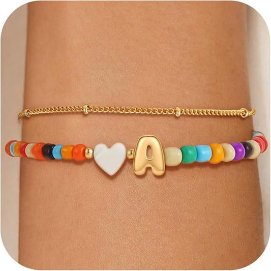 Colorful Initial Bracelets for Women Girls - 14K Gold Plated Heart Initial Letter Daint A-Z Charm Bracelet Summer Jewelry Teen Girl Gifts for Teen Kids