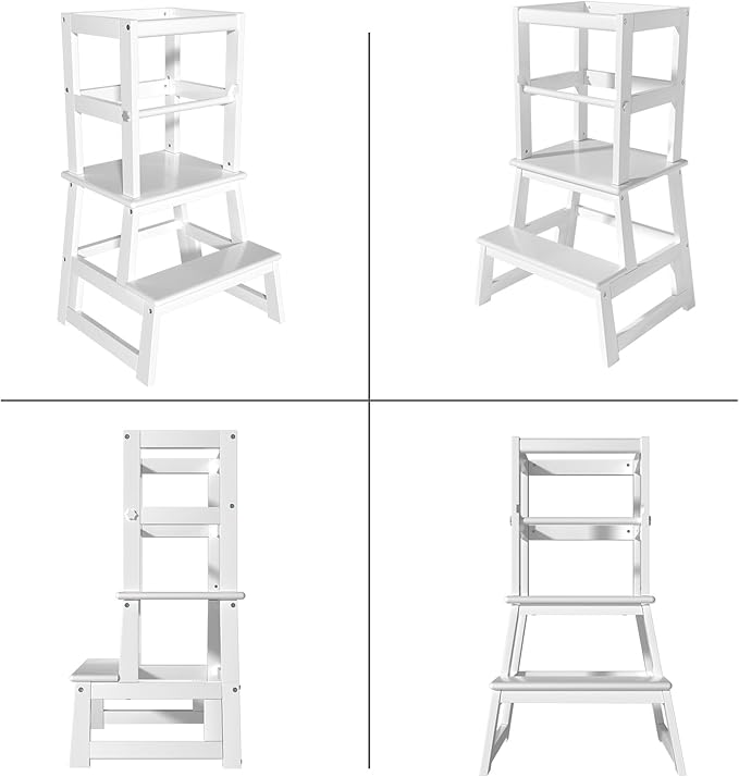 Kids Kitchen Step Stool with Safety Rail,Wooden Toddler Standing Tower for Kitchen Counter, Kids Montessori Stool, Solid Wood Construction,White
