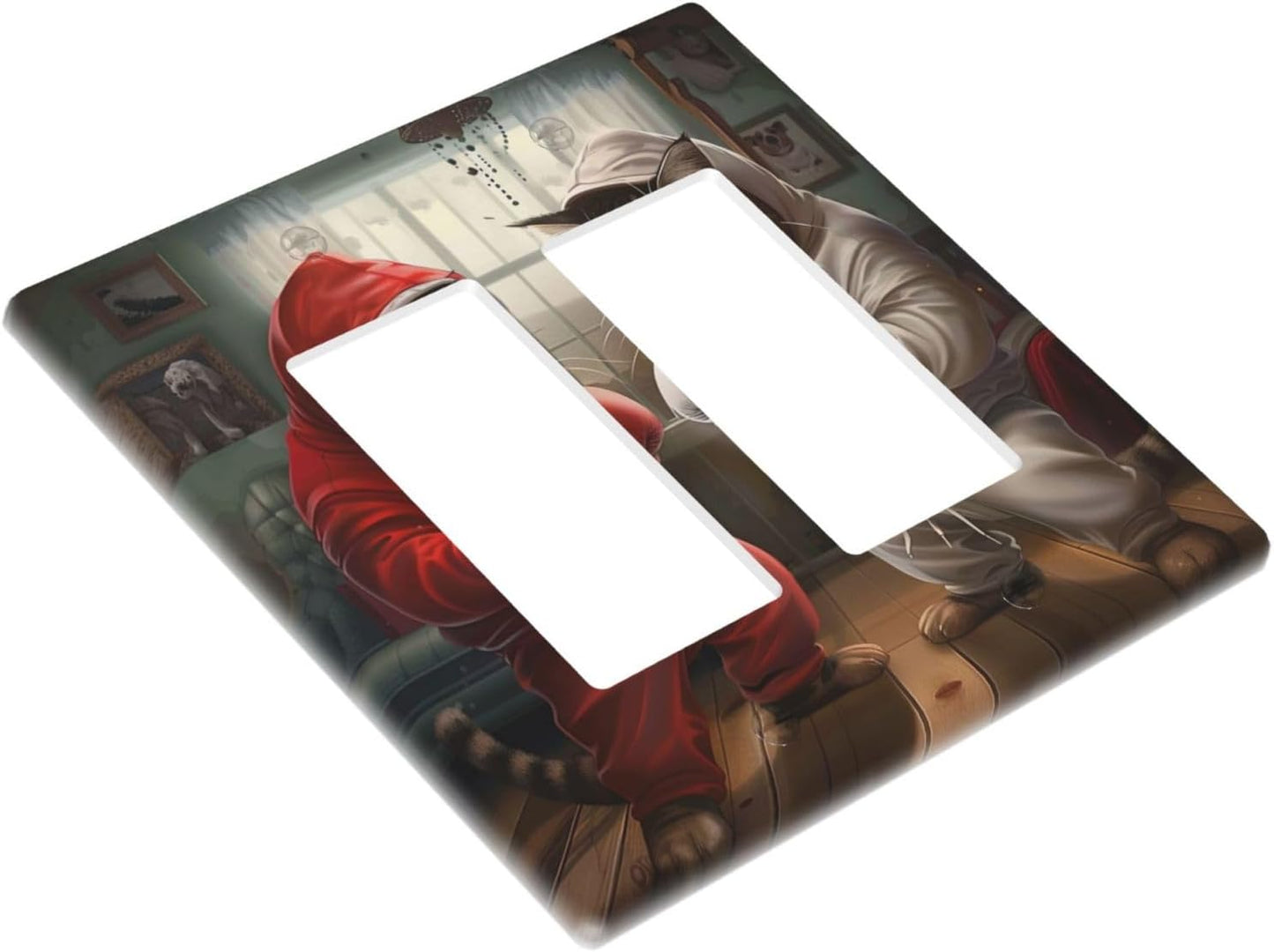 Decorative Outlet Covers Funny Red Boxing Cats White Tomcat 2 Gang Wall Plate Double Rocker Two Switch Wall Cover Plate Light Switch Cover Plate Faceplate for Bedroom Home Decor