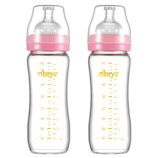 Matyz Glass Breastmilk Baby Feeding Bottle with Nipple, 2 Pack, 8 oz Slim and Light Bottle Easy to Hold, Food Grade Borosilicate Glass, Wide Neck Easy to Clean, No BPA (Pink Lids)