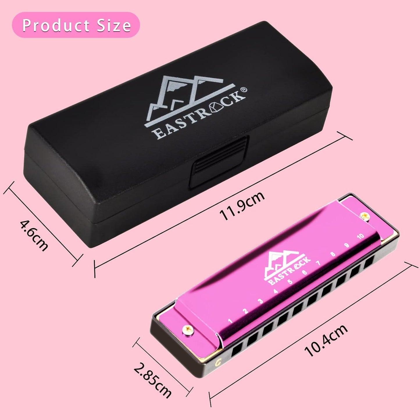 EastRock Blues Harmonica Mouth Organ 10 Hole C Key with Case, Diatonic Harmonica for Professional Player, Beginner, Students gifts, Adult, Friends, Gift(Pink）)