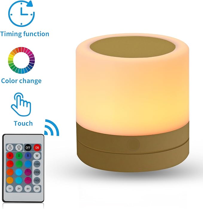 ERUN Nursery Night Light for Kids, USB Rechargeable Small Desk Lamp,13 RGB Colors & 4 Brightness & 1 Remote, Touch Bedside Cordless Table Lamp, Portable Night Lamp for Bedroom Living Room Home (Gold)