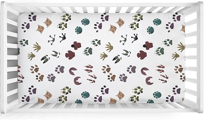 Cute Animals Tracks Baby Crib Sheets 52''x28'' Animals Footprint Snug Fitted Crib Mattress Cover for Boy Girl Wild Animals Soft Baby Bed Sheets for Standard Crib and Toddler Mattresses