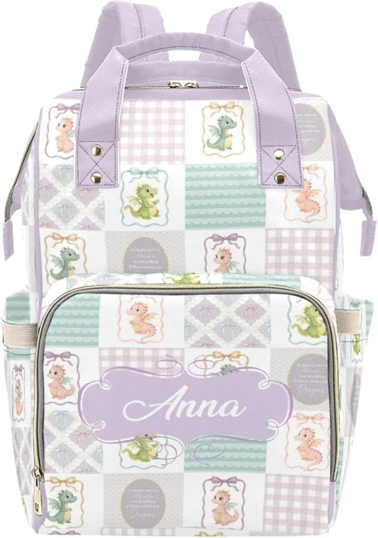 Personalized Cute Dragon Diaper Bag with Name – Custom Baby Bag, Nursing Tote Backpack for Mom, Custom Name Mommy Daypack, Shower Gift for Baby