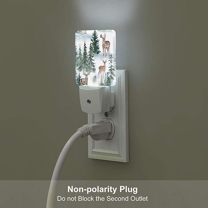 Watercolor Deer and Forest Night Light,Plug Into Wall for Boys Girls Bedroom Decorative Square Night Light Lamp 0.5w Sleep Friendly