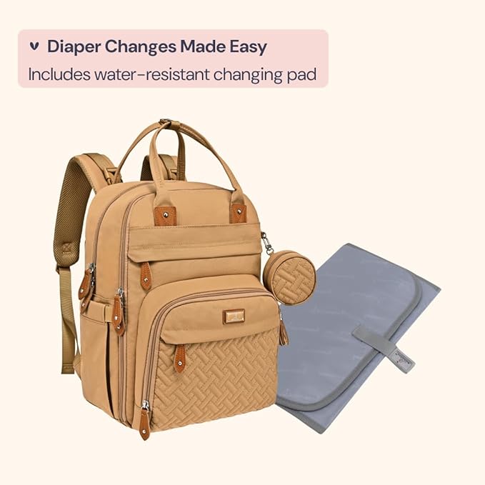 BabbleRoo Diaper Bag Backpack - Baby Essentials Travel Tote - Multi function Water Resistant Diaper Bag, Travel Essentials Baby Bag with Changing Pad, Stroller Straps & Pacifier Case - Unisex, Beige