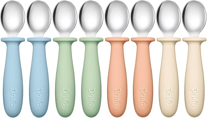 DRKIO 8 PCS Toddler Spoons Set - Baby Spoons with Silicone Handle Children safe 18/8 Stainless Steel Toddler Utensils Set for Self Feeding Kids Silverware Anti-Choke Design Food Grade Dishwasher Safe