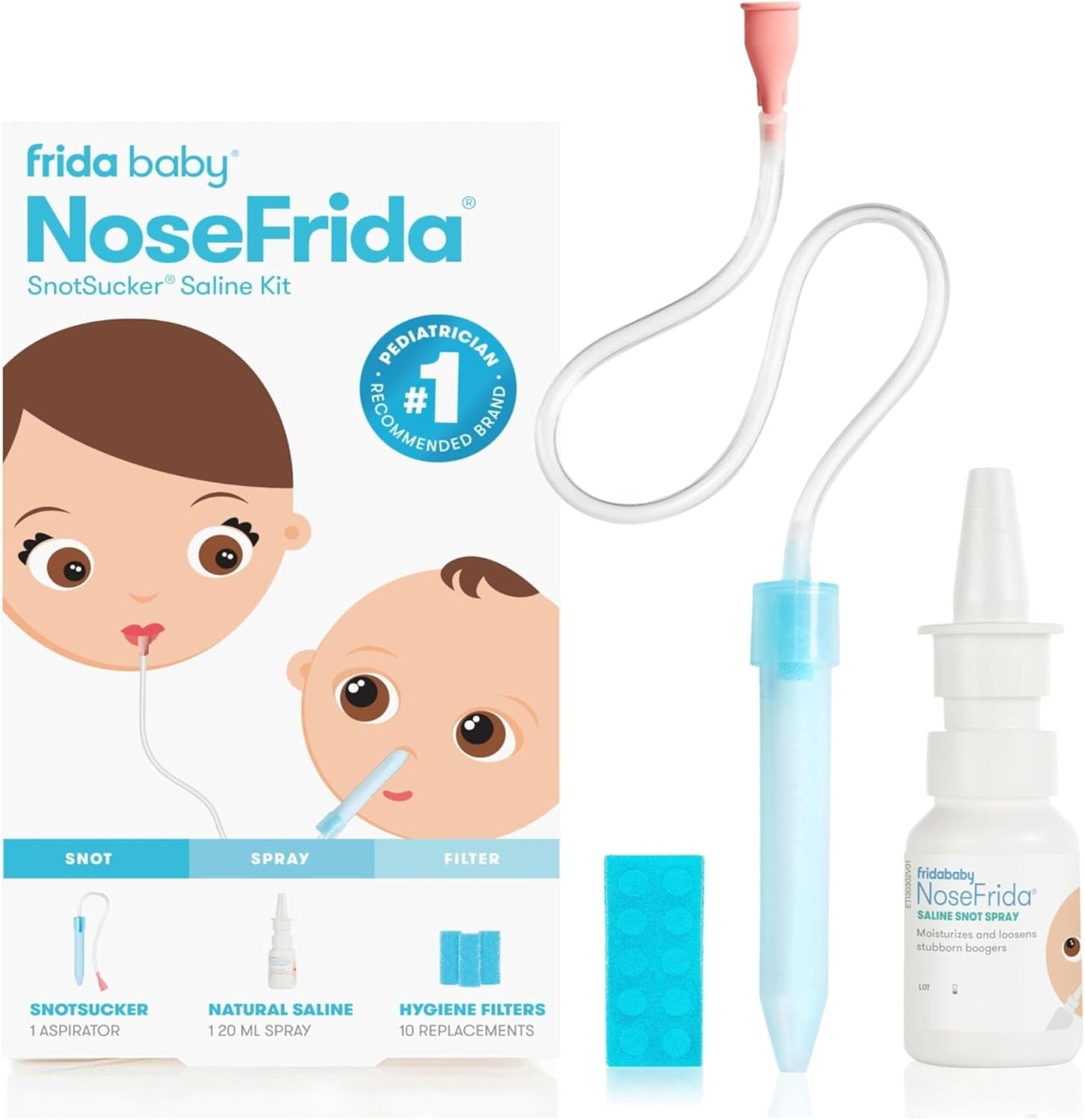 Frida Baby Saline Kit, Includes NoseFrida Nasal Aspirator for Baby, Baby Nose Sucker, Saline Nasal Spray for Babies with 10 Extra Hygiene Filters, Nasal Spray Decongestant, 0.68 fl oz