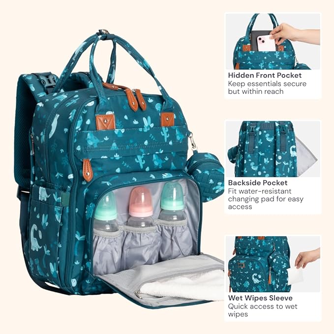 BabbleRoo Diaper Bag Backpack - Baby Essentials, Travel Essentials Baby Bag with Changing Pad, Stroller Straps & Pacifier Case - Unisex, Dino