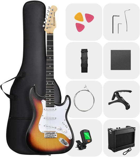 DONNER DST-80 Electric Guitar 39” Beginner Electric Guitar Kit with Amp, Classic SSS Pickup Complete with Gig Bag, Tuner, Capo, Strap, Picks, and Free Online Lessons