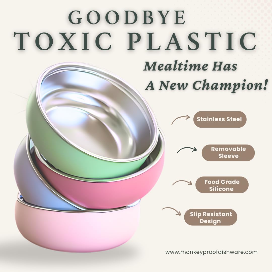 Monkey Proof™ Non-Toxic Stainless Steel Child Bowl 5” with Non-Slip Silicone Shell, (Set of 4 bowls) Unbreakable, Mess Free Feeding for Babies, Toddlers, Kids, BPA free (Rose)