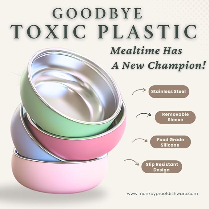 Monkey Proof™ Non-Toxic Stainless Steel Child Bowl 5” with Non-Slip Silicone Shell, (Set of 4 bowls) Unbreakable, Mess Free Feeding for Babies, Toddlers, Kids, BPA free (Mauve)