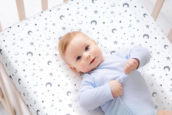 4 Pack Star and Moon Neutral Unisex Fitted Baby Sheets Set for Baby Boys or Girls (Crib Sheets)