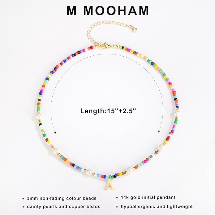 M MOOHAM Colorful Initial Necklaces for Girls - Beaded Pearl Choker Necklace for Women Teen Girl Colorful Summer Boho Necklace Jewelry, Trendy Personalized Letter Initial Gifts Birthday Gifts Kids