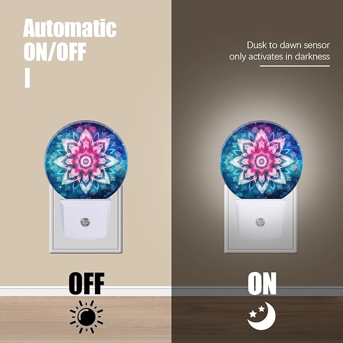 Round LED Night Lights Lamp with Dusk to Dawn Sensor, Mandala Flower with Pink and Blue Colors Night Light Plug Into Wall for Kids Room, Bedroom, Bathroom, Kitchen, Hallway
