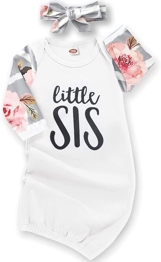 AMAWMW Newborn Baby Girl Little Sister Sleeper Gown Stripe Long Sleeve Nightgown Pajamas Gifts Stuff Essential Outfit