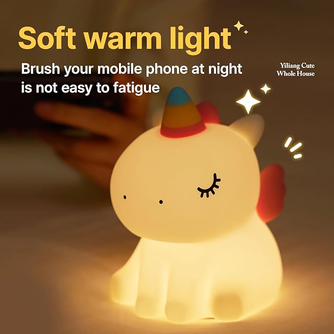 Night light for kids,Cute Unicorn Lamp, 3-Level Dimmable USB Rechargeable Lamp with Timer, Soothing Animal Toy for Nursery Bedroom Dorm Decor, Gift for Boys Girls Teens Adults (Birthday Christmas)