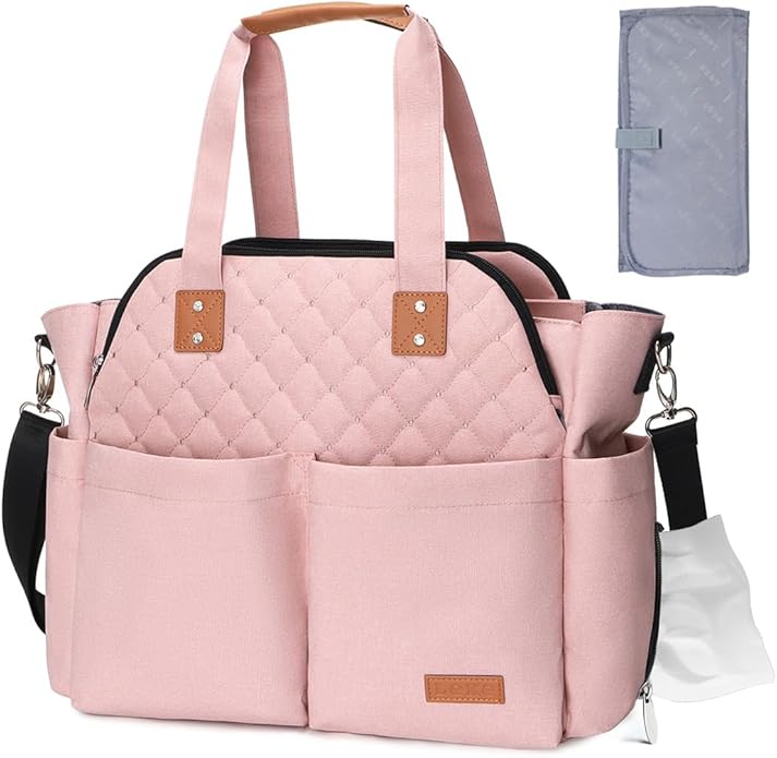 Lekebaby Diaper Bag Tote, Large Diaper Bags Waterproof,Large Mommy Bag Tote Bag Handbag Pink Travel, Black and Beige