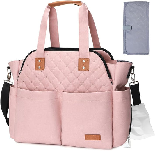 Lekebaby Diaper Bag Tote, Large Diaper Bags Waterproof,Large Mommy Bag Tote Bag Handbag Pink Travel, Black and Beige