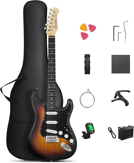 DONNER DST-80 Electric Guitar 39” Beginner Electric Guitar Kit with Amp, Classic SSS Pickup Complete with Gig Bag, Tuner, Capo, Strap, Picks, and Free Online Lessons, Red Tea Burst